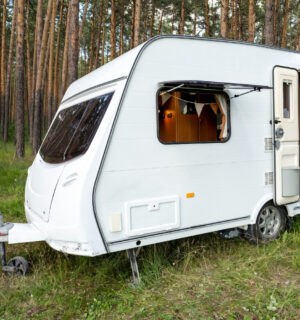 small-mobile-house-with-open-window-door-standing-forest